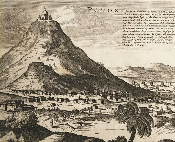 Herman Moll: Map of South America, London c. 1715 (detail: Inset view of Potosi by Bernard Lens).