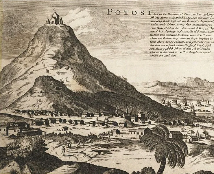 Herman Moll: Map of South America, London c. 1715 (detail: Inset view of Potosi by Bernard Lens).