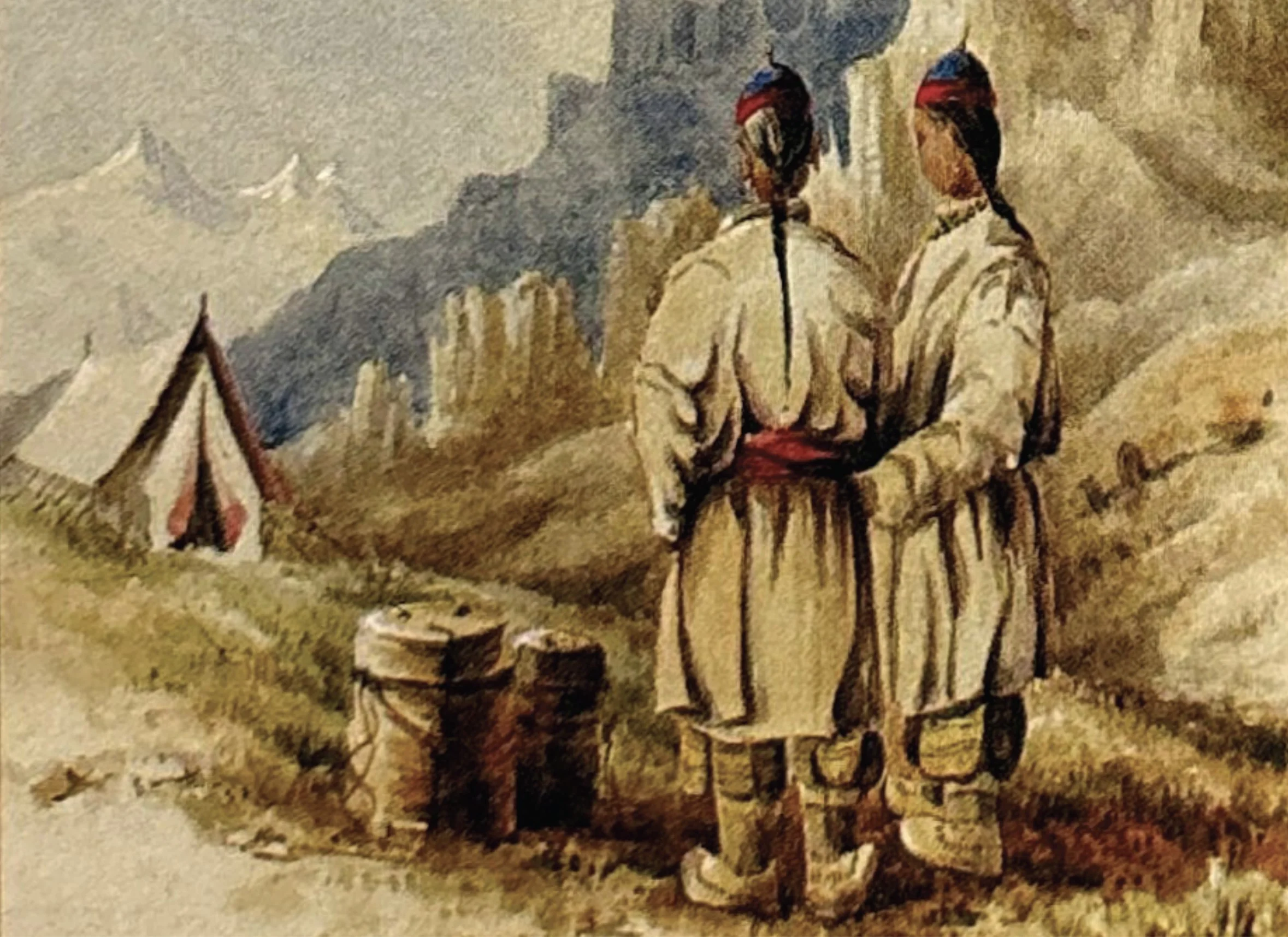 "Two coolies between Pok and Dunkur. Piti valley. Natives of Chinese Tibet. June 9 / [18]53."